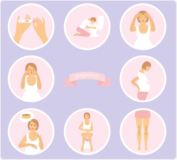 Signs of pregnancy symptoms - toxemia of pregnancy, swelling, emotional instability, stomach problems. Image Copyright: Alla_s / Shutterstock