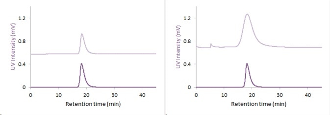 UV-Fractorgam: UV-Fractogram after separation of the 15nm (left) and 40nm (right) gold nanoparticles with AF2000 (blue: 530nm, red: 280nm)