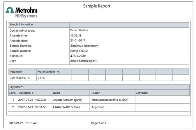 Display of a typical Sample Report created with Vision Air Pharma.