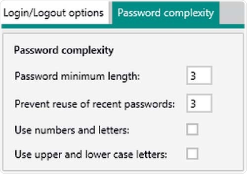 Setting options in Vision Air Pharma regarding password complexity. The minimum settings for the password length and the reuse of recent passwords is three.