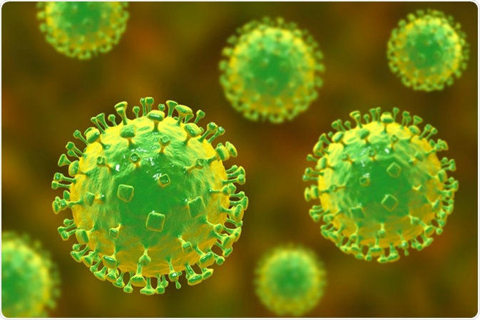 Nipah virus, newly emerging zoonotic infection with acute respiratory syndrome and severe encephalitis, 3D illustration. Image Credit: Kateryna Kon / Shutterstock