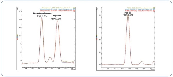Three replicate injections of a mussel extract spiked with 0.8 µg/kg of PAHs and PCBs.