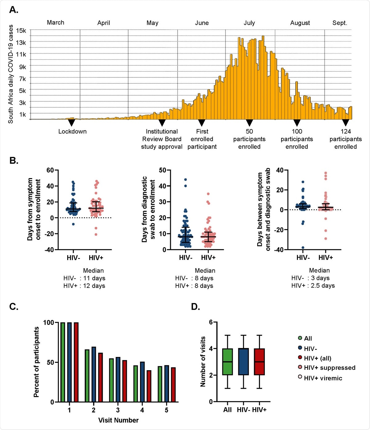 : Study characteristics. (A) Study timeline. (B) Time from symptom onset or diagnostic swab to study enrollment for symptomatic participants. Left panel shows time elapsed for HIV negative (blue points) and PLWH (red points) between symptom onset and enrollment. Middle panel shows days from the time the diagnostic swab was taken to enrollment for HIV negative and PLWH. Right panel shows time difference between symptom onset and diagnostic swab. (C) Percentage of participants attending follow-up visits for all participants (green), HIV negative (blue), and PLWH (red). (D) Number of visits (from a total of 5 study time-points per participant) for each participants. Median and IQR for all participants (green), HIV negative (blue), and PLWH (red).