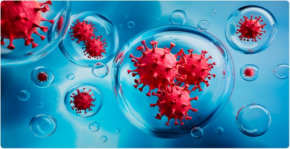 Coronavirus particles in aerosol droplets Coronavirus particles in aerosol droplets