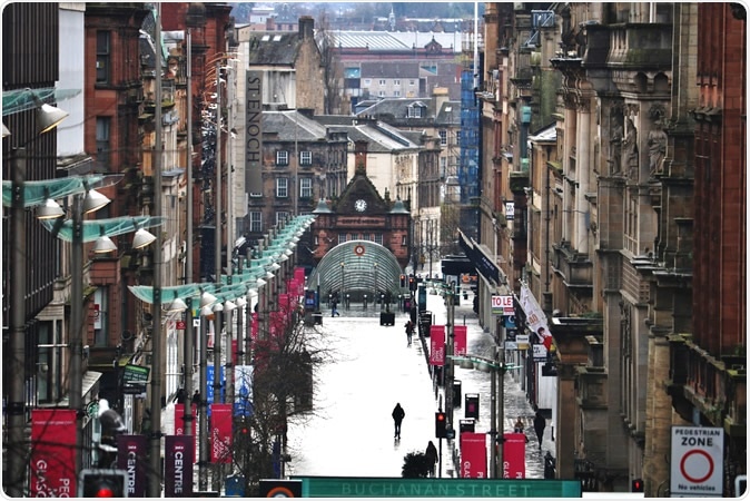 Glasgow / Scotland - April 04 2020: Glasgow City Centre Buchanan Street Empty During Coronavirus Covid 19 Lockdown. Image Credit: Mo and Paul / Shutterstock