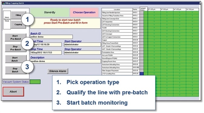 Screen capture showing batch monitoring process. (The right sensors and alarm limits are automatically used for each process step. Results are reported per batch.).
