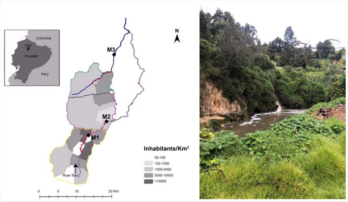 Sampling locations in urban rivers from Quito. Right. Picture of direct discharge of wastewater into Machángara River (sampling point M1).