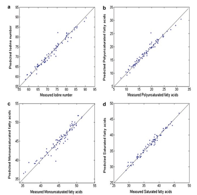 Predicted versus measured values of (a) iodine value, (b) polyunsaturated fatty acid content, (c) monounsaturated fatty acid content, and (d) saturated fatty acid content in adipose tissue.