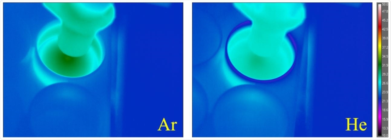 Temperature distribution of Ar and He plasma-treated 6-well plate. The highest temperature for each subject was found at the center of the circular thermal gradient immediately beneath the plasma discharge. The center temperature for the Ar plasma treated surface was approximately 32 °C and for the He plasma treatment was approximately 29 °C.