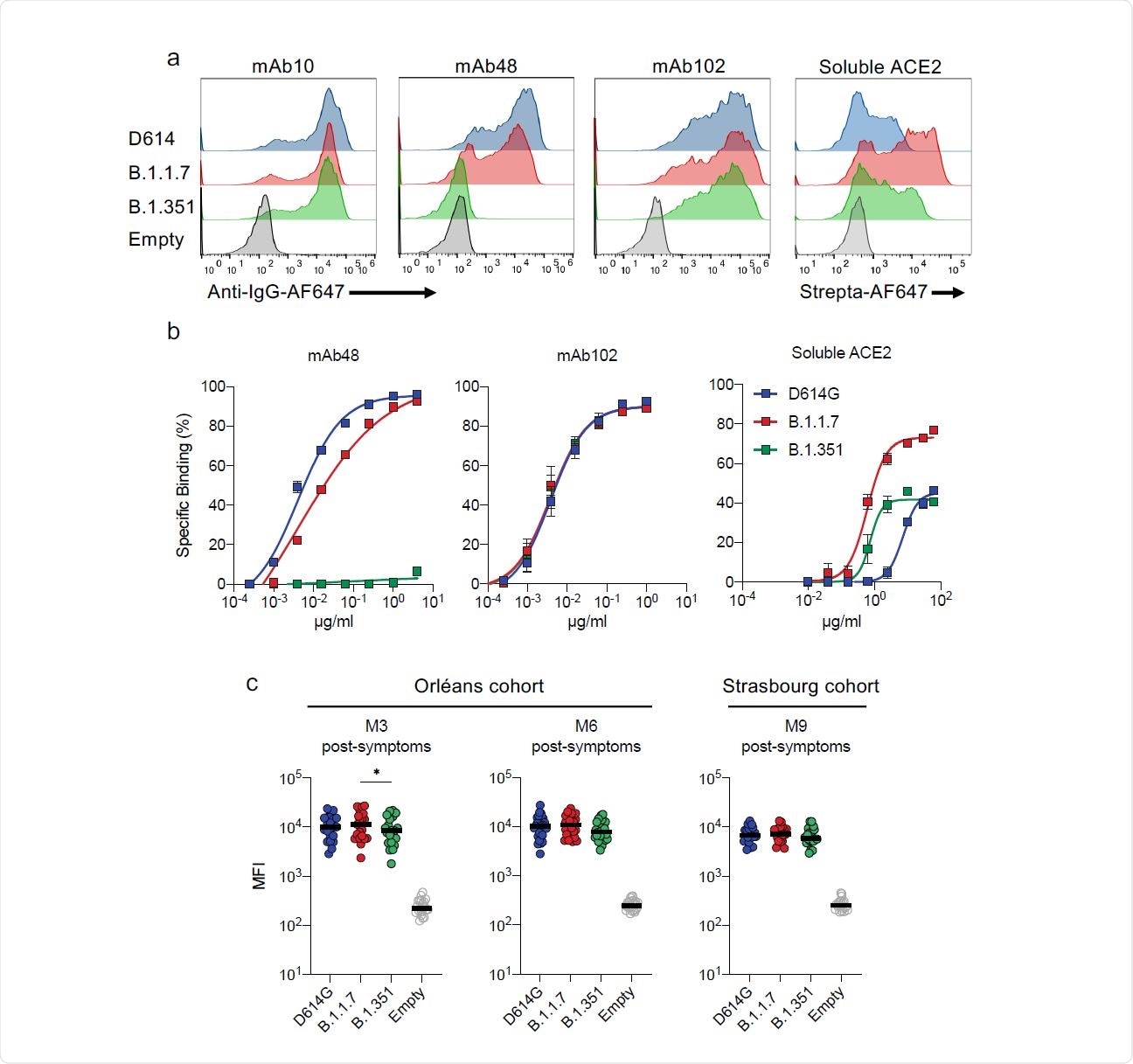 Antibody binding to cells expressing D614G, B.1.1.7 and B.1.351 Spikes. a. Binding of monoclonal antibodies or soluble ACE2. 293T cells were transiently transfected with plasmids expressing the D614G, B.1.1.7 and B.1.351 Spikes. After 24h, cells were stained with anti SARS-CoV-2 antibodies mAb10 (a pan-coronavirus antibody), mAb48, mAb102 or soluble ACE2 (ACE2- biotin at 10 µg/ml revealed with fluorescent Streptavidin) and analyzed by flow-cytometry. One representative example of binding is shown. b. Titration binding of curves of mAb48, mAb102 and ACE2 to the three Spikes. Data are mean of three independent experiments. c,d. Binding of the panel of 83 sera from 58 convalescent individuals. Sera were tested at a 1/300 dilution. Data are mean of two independent experiments.