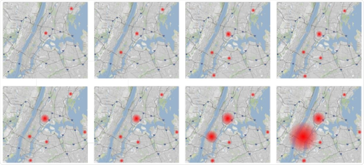 Increase in Frequency of the B.1.526 E484K variant in the NYC metropolitan area. Starting from the top left, each panel encompasses a seven-day period from 2020-12-16 to 2021-02-03 showing the increase of B.1.526 484K variants (red dots). The red dots are proportional to the total number of variants found in an area.