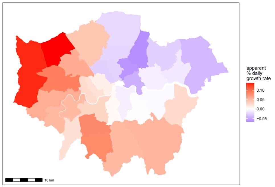 Apparent percentage change in daily growth rate from round 9a to round 9b for London, calculated as round 9b prevalence divided by round 9a prevalence divided by the difference in the median round date (in days).