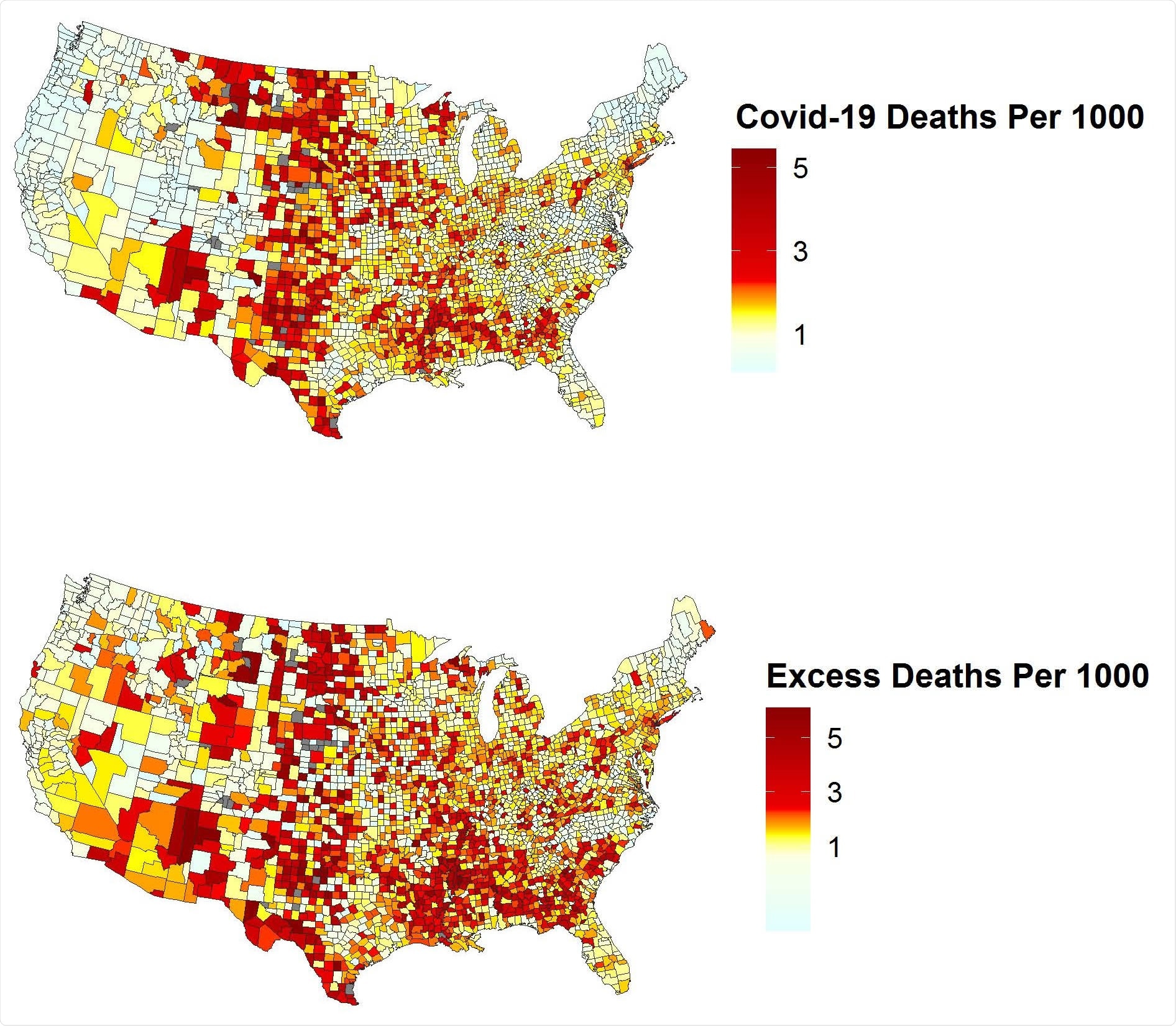 COVID-19 Deaths by County (Per 1000 Person-Years). Heat maps of direct COVID-19 deaths per 1000 person-years by county (top) and excess death rate per 1000 person-years by county (bottom). Numbers are based on provisional data from the National Center for Health Statistics (NCHS) on COVID-19 mortality by county of residence from January 1 to December 31, 2020 reported by April 21, 2021. Note that estimates for counties in North Carolina may be unreliable due to reporting lags.