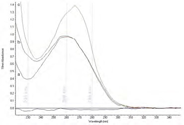 Contaminants can affect the UV absorbance spectrum of a nucleic acid preparation. The UV absorbance spectrum of a) a pure nucleic acid sample (with a peak at 260 nm and a trough at 230 nm), b) a nucleic acid sample contaminated with guanidine, and c) a nucleic acid sample contaminated with phenol.