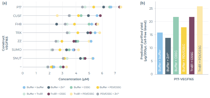 Expression and purification results. (a) Lollipop diagram shows expression yield of VEGF165 variants expressed in different cell-free blends. (b) Cartridge predicted scale-up yield to aid in scale-up planning