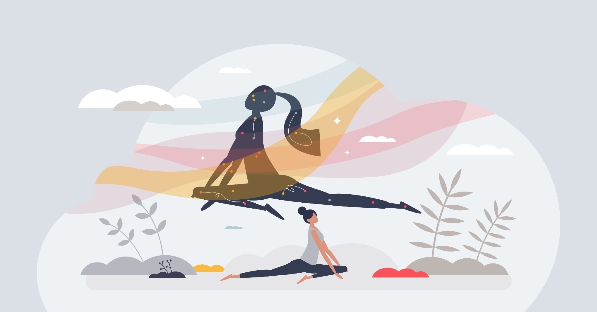 Abstract illustration of a woman practicing yoga with an overlay of a leaping silhouette, surrounded by soft, natural elements and colorful waves.