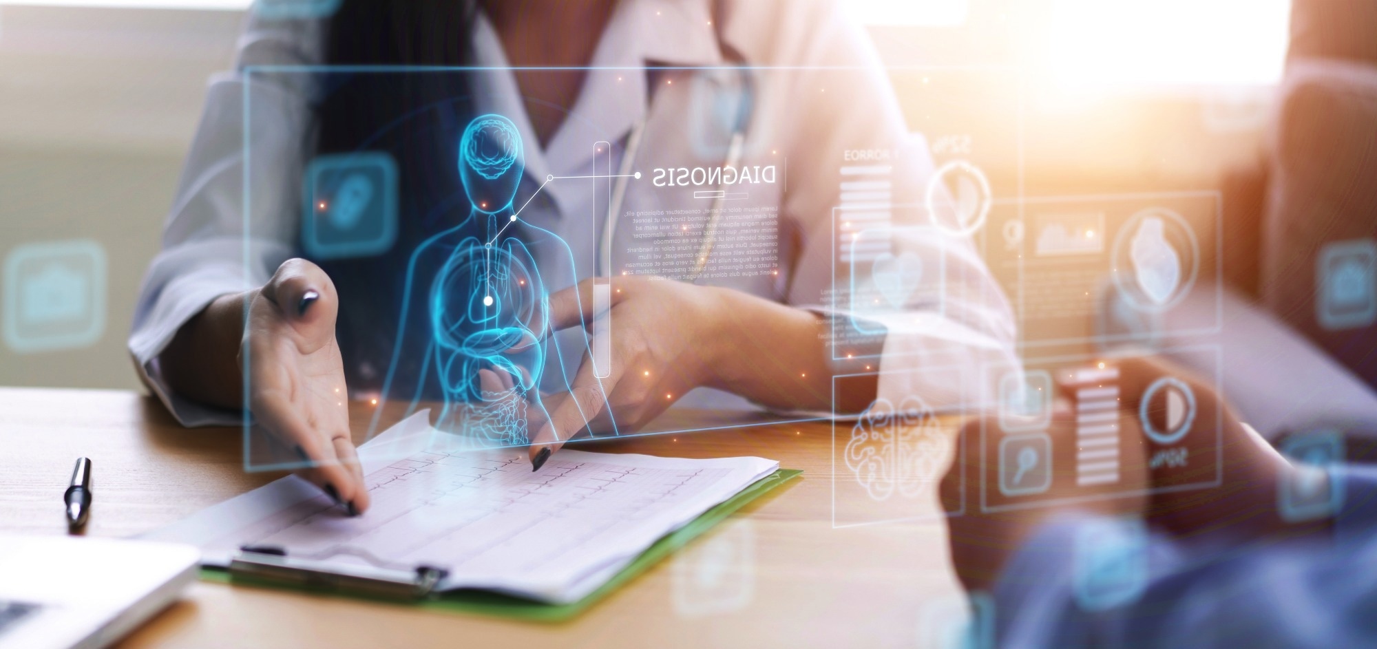 Doctor working office research studying heart disease illness.