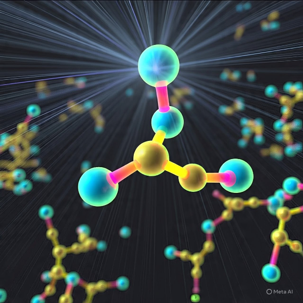Molecule visualization with blue and yellow atoms and pink bonds.