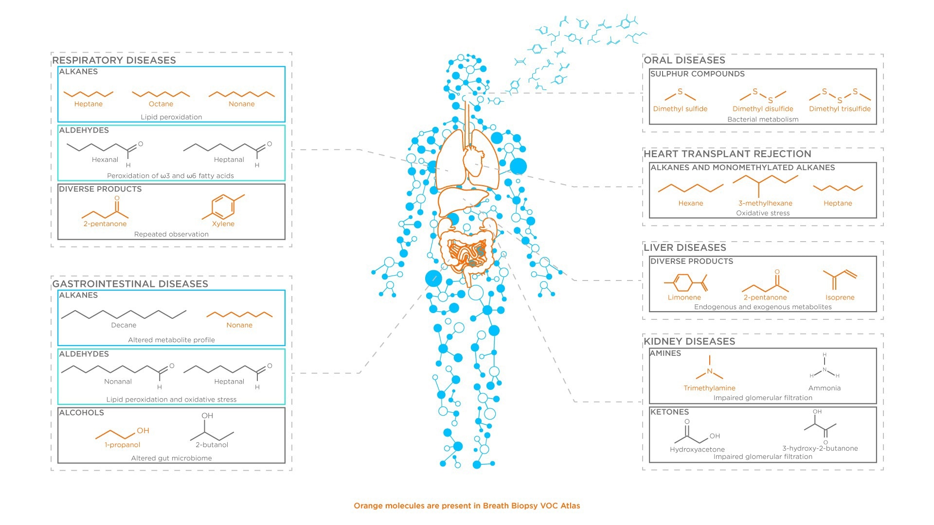 Examples of how different inflammation processes and resulting small molecule biomarkers have been prospectively connected to different illnesses in a disease-specific manner.