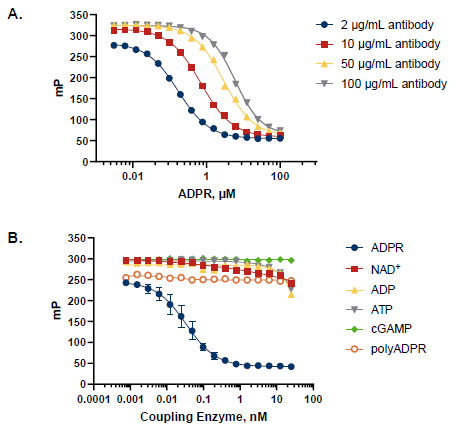 Assay Sensitivity and Specificity of ADPR-AMP Coupling Enzyme. A. Competition curves show detection of ADPR as low as 10 nM and up to 50 μM and illustrate the ability to tune the dynamic range by adjusting AMP2 /GMP2 antibody concentration. B. Competition curves show outstanding selectivity of coupling enzyme for ADPR vs. NAD+ , polyADPR, and other nucleotides