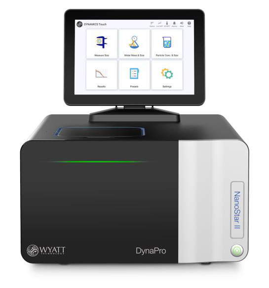 The DynaProTM NanoStarTM is a cuvette-based DLS instrument with a user-friendly touch interface. It allows for convenient, walk-up measurement of size, polydispersity, and particle concentration, requiring as little as 2 µL of samples