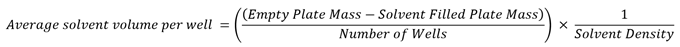 Shows how the average solvent volume per well was calculated (using the empty and solvent filled plate mass (g)) along with the number of wells (96), divided by the solvent density in g/μL