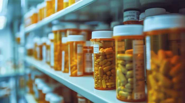 A shelf in a pharmacy with multiple orange pill bottles.