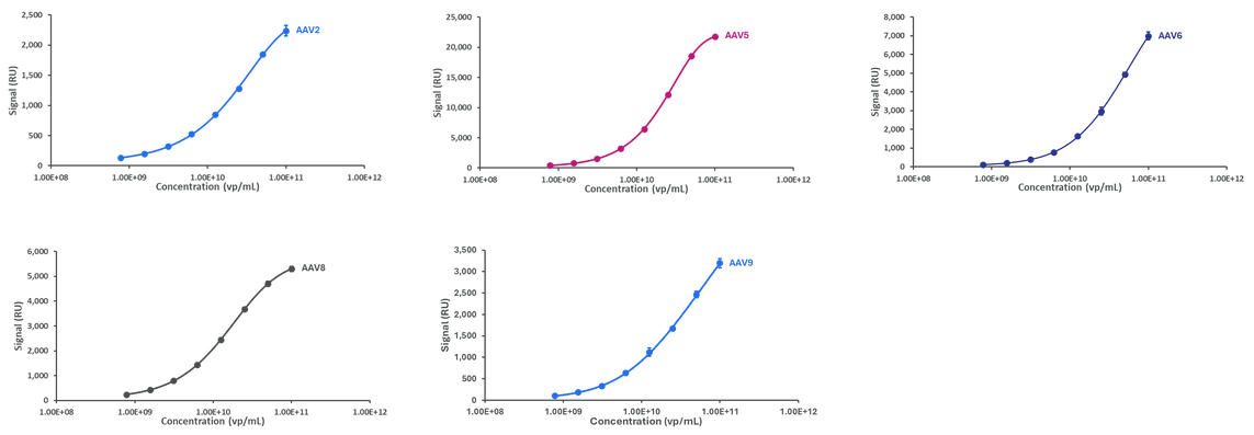 Representative standard curves generated using the AAVX Total Capsid Quantification Kit (AAV2, AAV5, AAV6, AAV8) and the AAV9 Total Capsid Quantification Kit