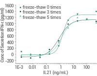 Three and five cycles of freeze-thaw tests were conducted to verify GMP-grade human IL-21 (Cat#: GMP-10584-HNAE) stability.