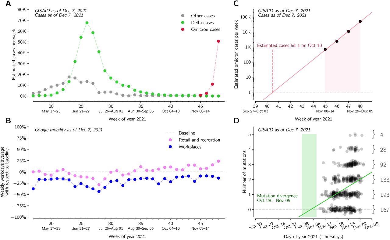 Growth and divergence of the Omicron strain. A Weekly aggregated cases of Omicron, Delta and other variants in the Gauteng province in South Africa. B Weekly averaged mobility in workdays in the Gauteng province in workplaces and retail & recreation centers. C Exponential growth of the Omicron strain in weeks 45–48, 2021 (November 8–December 5) in the Gauteng province. D Accumulation of mutations on the Omicron strain worldwide based on Nextstrain phylogenetic tree. The green line shows the mutation accumulation trend determined by the linear regression assuming Poisson distribution of the number of mutations in a give time. The 95% credible interval is shown by the light green rectangle.