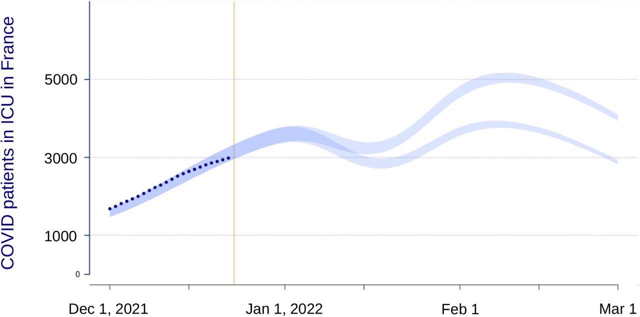 National intensive care unit dynamics in two scenarios of Omicron properties. The vertical yellow line indicates the day the model was performed, the dark blue dot the data, and the shaded envelope the compatibility intervals of the model projections.