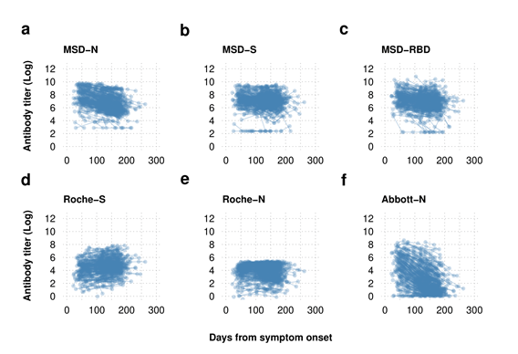 Log transformed serial serological antibody titre data plotted by time from symptom onset Antibody dynamics are dependent on the assay used with the sensitive Roche-S and MSD-S assay demonstrating maintenance of the spike protein antibody while the nucleoprotein antibody is shown to wane with the MSD and Abbott-N assays but to a lesser extent with the Roche-N assay.