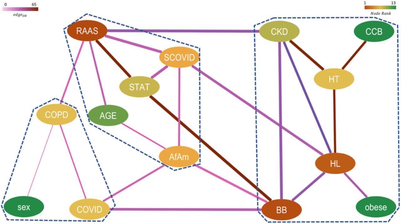 Network representing higher-order significant interactions between different features with nodes colored by their relative rank (gradient of brown to green corresponds to higher to lower rank) and edges colored by their respective pairwise ORs (gradient of light to dark corresponds to low to high OR) and edge width indicates the strength of the connection between them. The communities obtained from this network are marked by dashed lines.