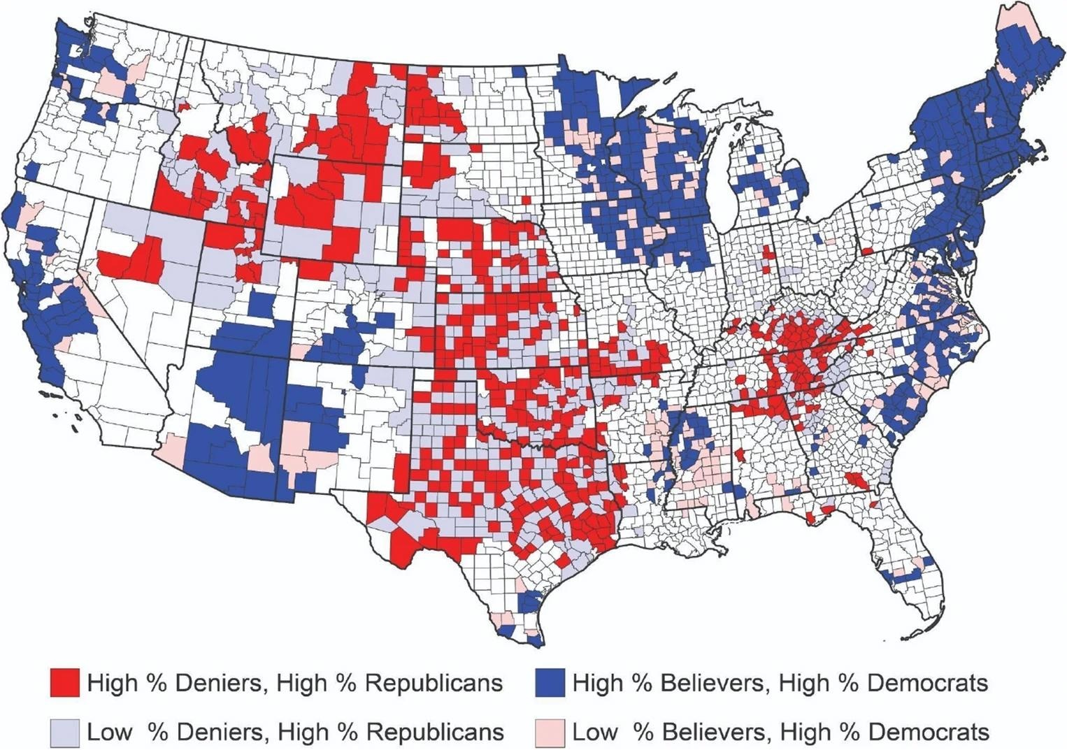 ​​​​​​​Clusters of spatial association between climate change denial and belief in relation to political affiliation. Notes: Figure created using QGIS 3.30 (https://www.qgis.org/). Spatial clustering analysis performed using Geoda 1.22 (https://github.com/GeoDaCenter/geoda/).