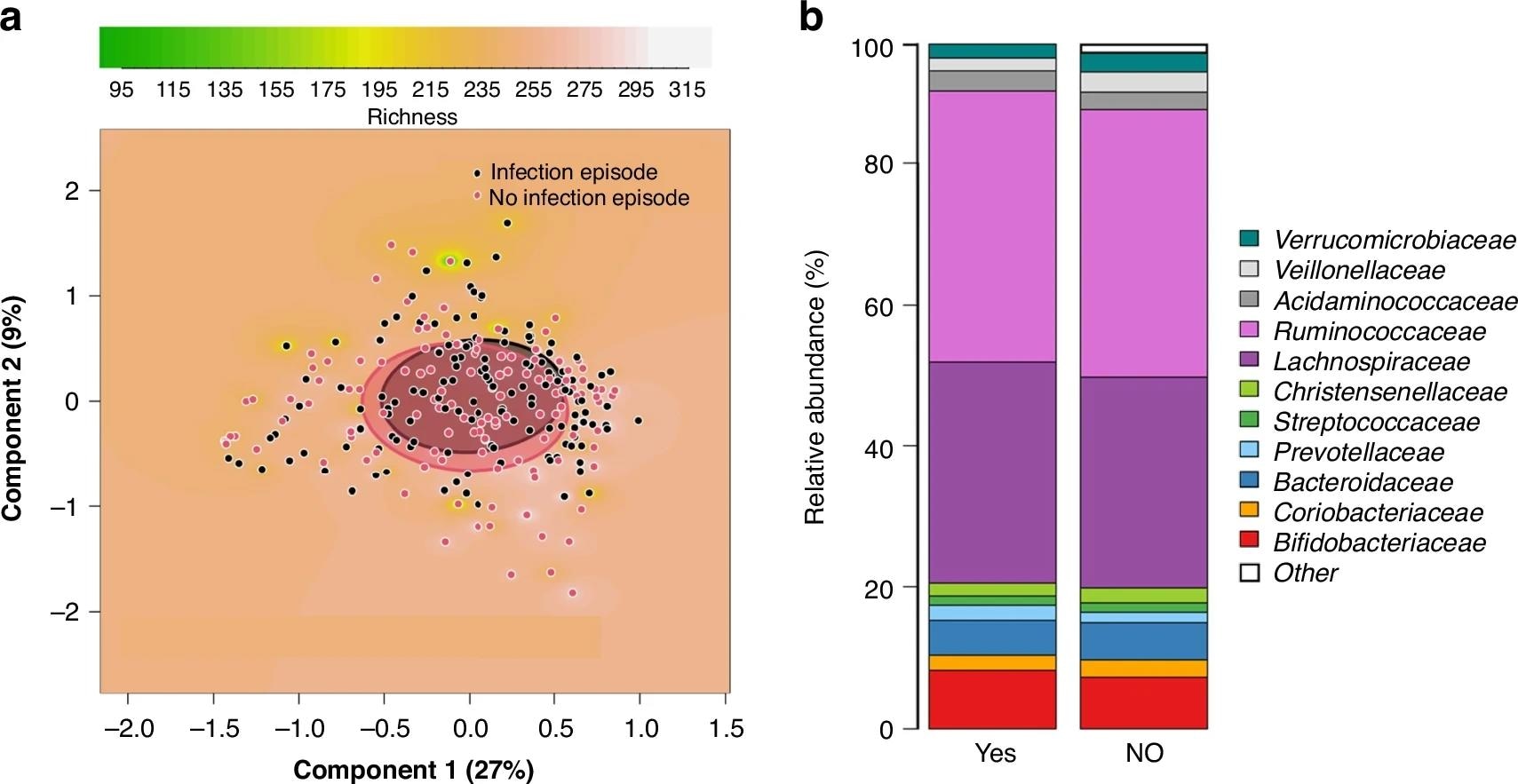 Comparison between mothers of infants who developed a respiratory tract infection episode (RTI) in the first 6 months of life and mothers of randomly selected infants with no such infection episode. PCoA plots based on Bray-Curtis dissimilarities of the samples, showing the richness of the microbiota as background (a). Clusters are shown by circles, which were drawn based on the standard deviations of the data points in each category of the samples (a). The comparisons are between mothers of infants who developed an RTI in the first 6 months of life and mothers of infants remaining healthy (p = 0.39). Clustered stacked column graphs demonstrate microbiota differences at the family level (b). The comparisons are between mothers of infants who developed an RTI in the first 6 months of life (YES) and mothers of infants remaining healthy (NO).