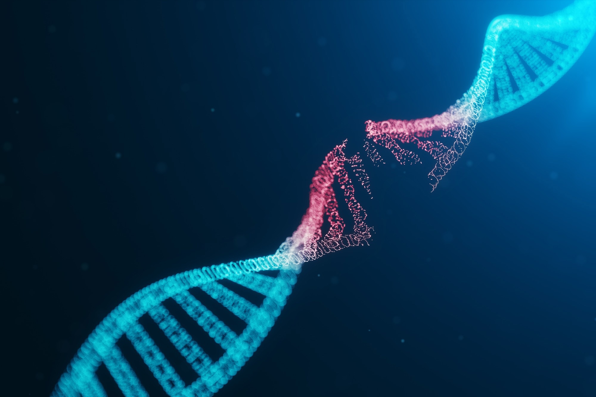 3D illustration. DNA helix with damaged segment highlighted in red
